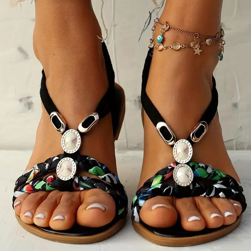 Women's Summer Multicolor Braided Strap Sandals with Gem Accents - Image 3