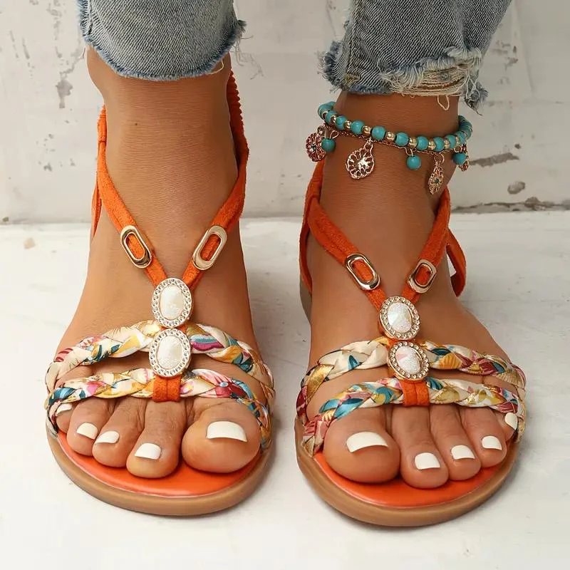 Women's Summer Multicolor Braided Strap Sandals with Gem Accents - Image 5