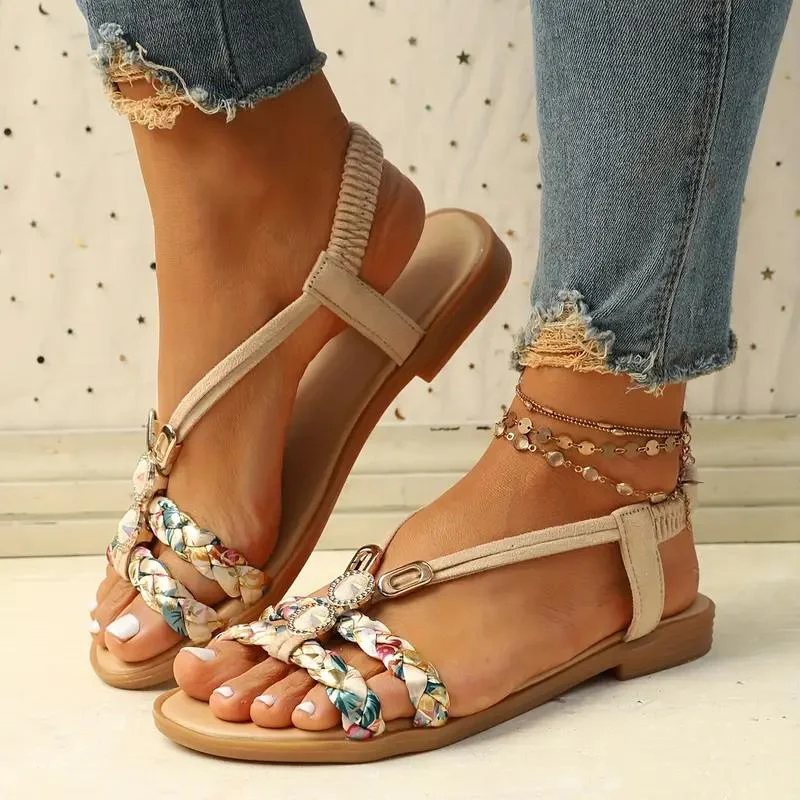 Women's Summer Multicolor Braided Strap Sandals with Gem Accents - Image 7