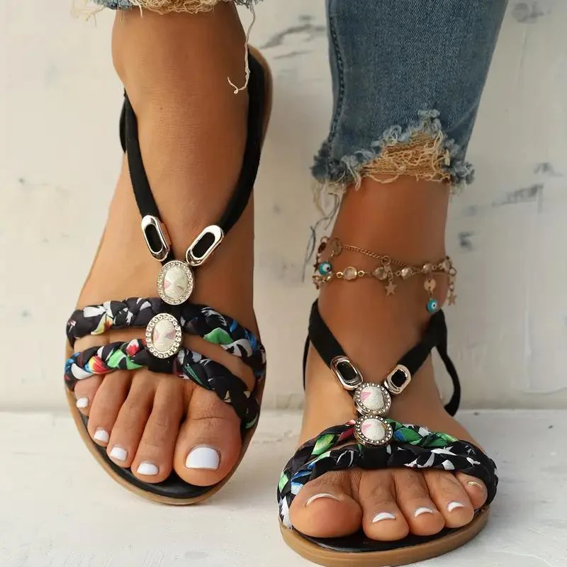 Women's Summer Multicolor Braided Strap Sandals with Gem Accents - Image 9