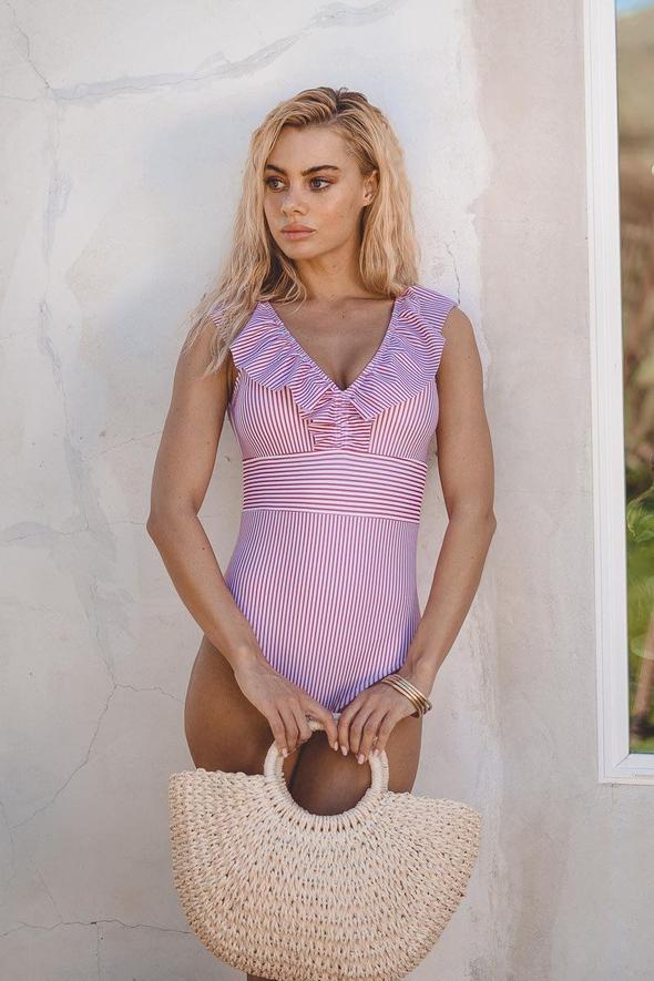 Women's Summer One Piece Swimwear with V-neck and Striped - Image 5
