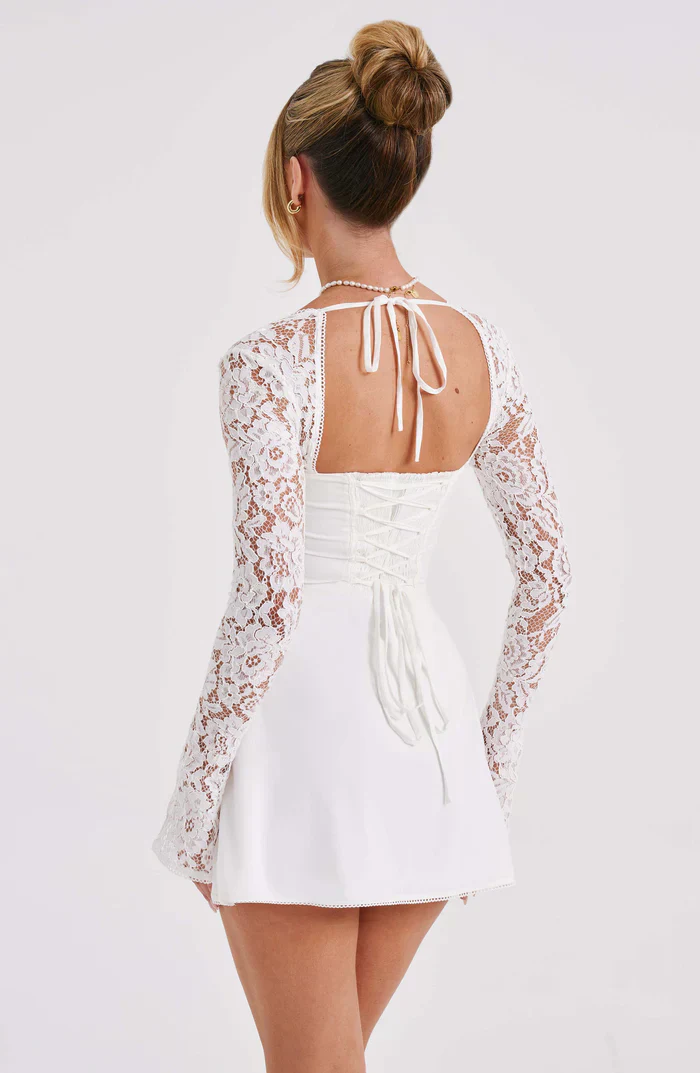 Women's Summer Party Mini Dress with Long Sleeve Lace and Drawstrings - Image 10