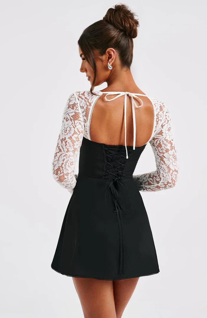Women's Summer Party Mini Dress with Long Sleeve Lace and Drawstrings - Image 11