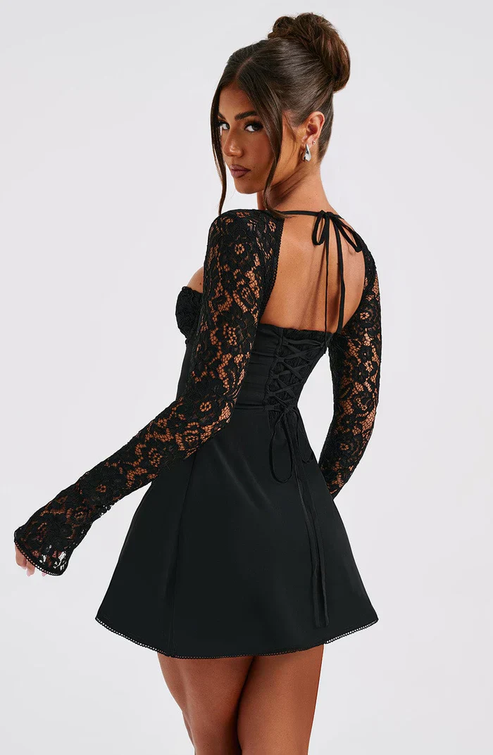 Women's Summer Party Mini Dress with Long Sleeve Lace and Drawstrings - Image 12