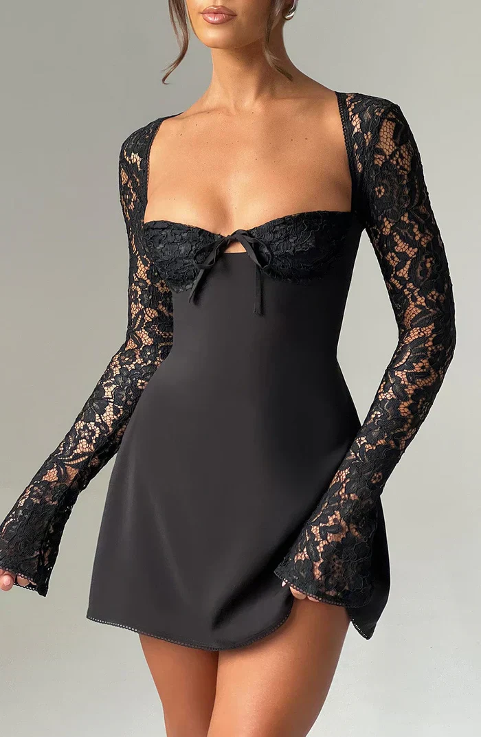 Women's Summer Party Mini Dress with Long Sleeve Lace and Drawstrings - Image 13