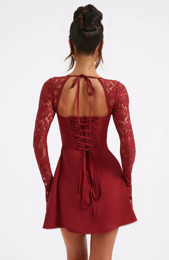 Women's Summer Party Mini Dress with Long Sleeve Lace and Drawstrings - Image 14