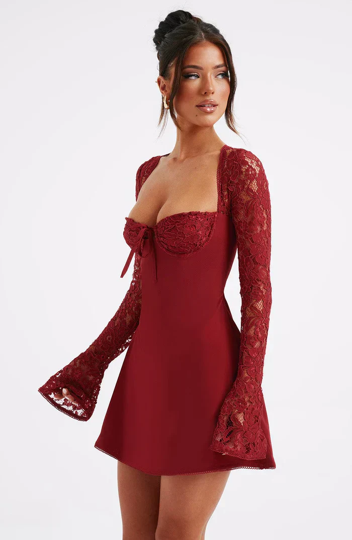 Women's Summer Party Mini Dress with Long Sleeve Lace and Drawstrings - Image 15