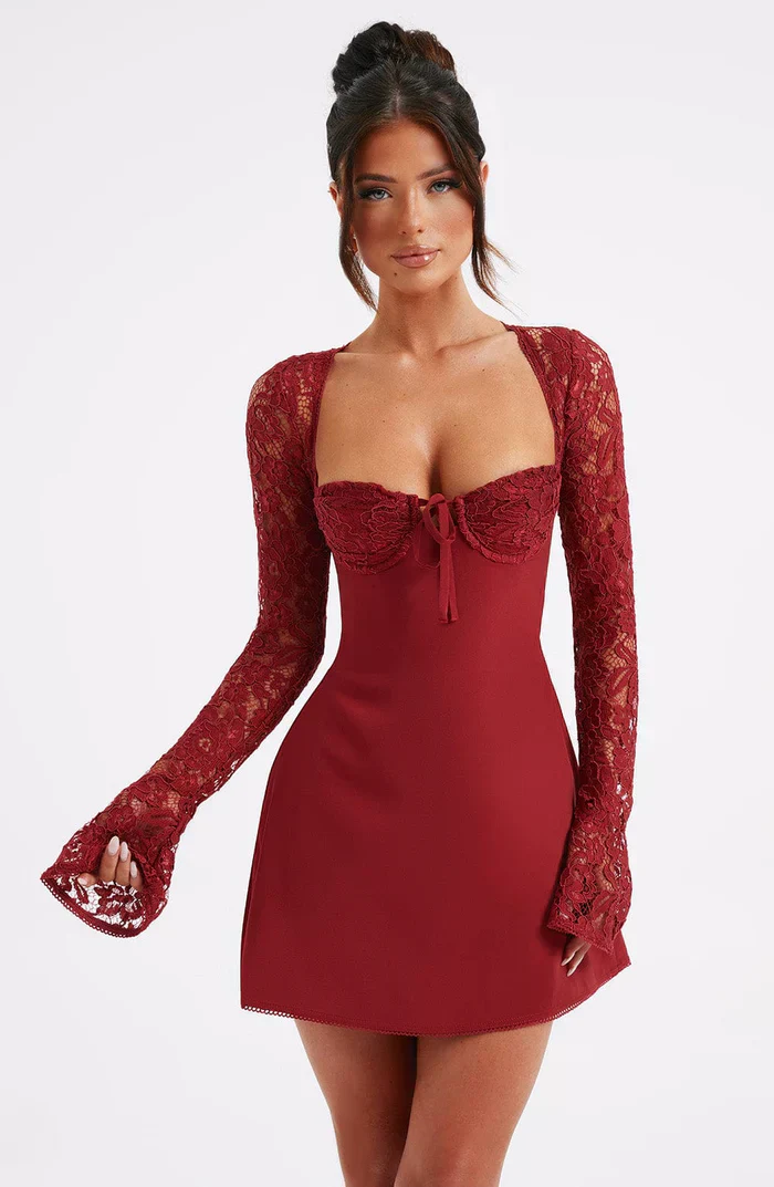 Women's Summer Party Mini Dress with Long Sleeve Lace and Drawstrings - Image 4