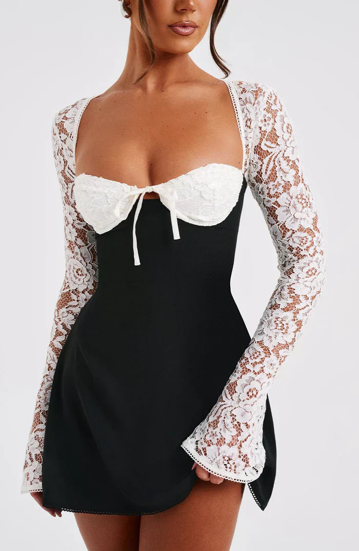 Women's Summer Party Mini Dress with Long Sleeve Lace and Drawstrings - Image 9