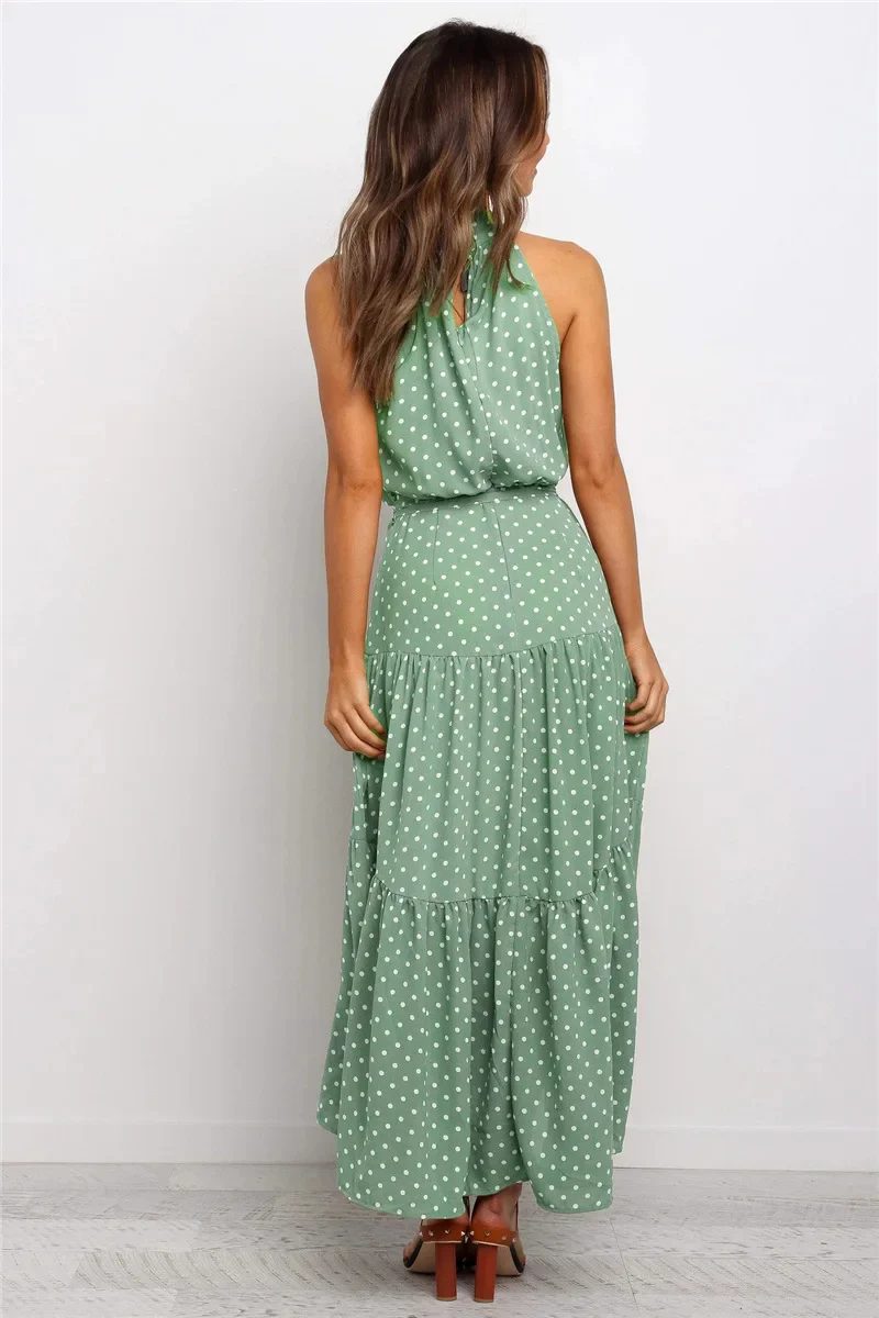 Women's Summer Printed Dress with Halter Neck and Tie Knot Belt - Image 2