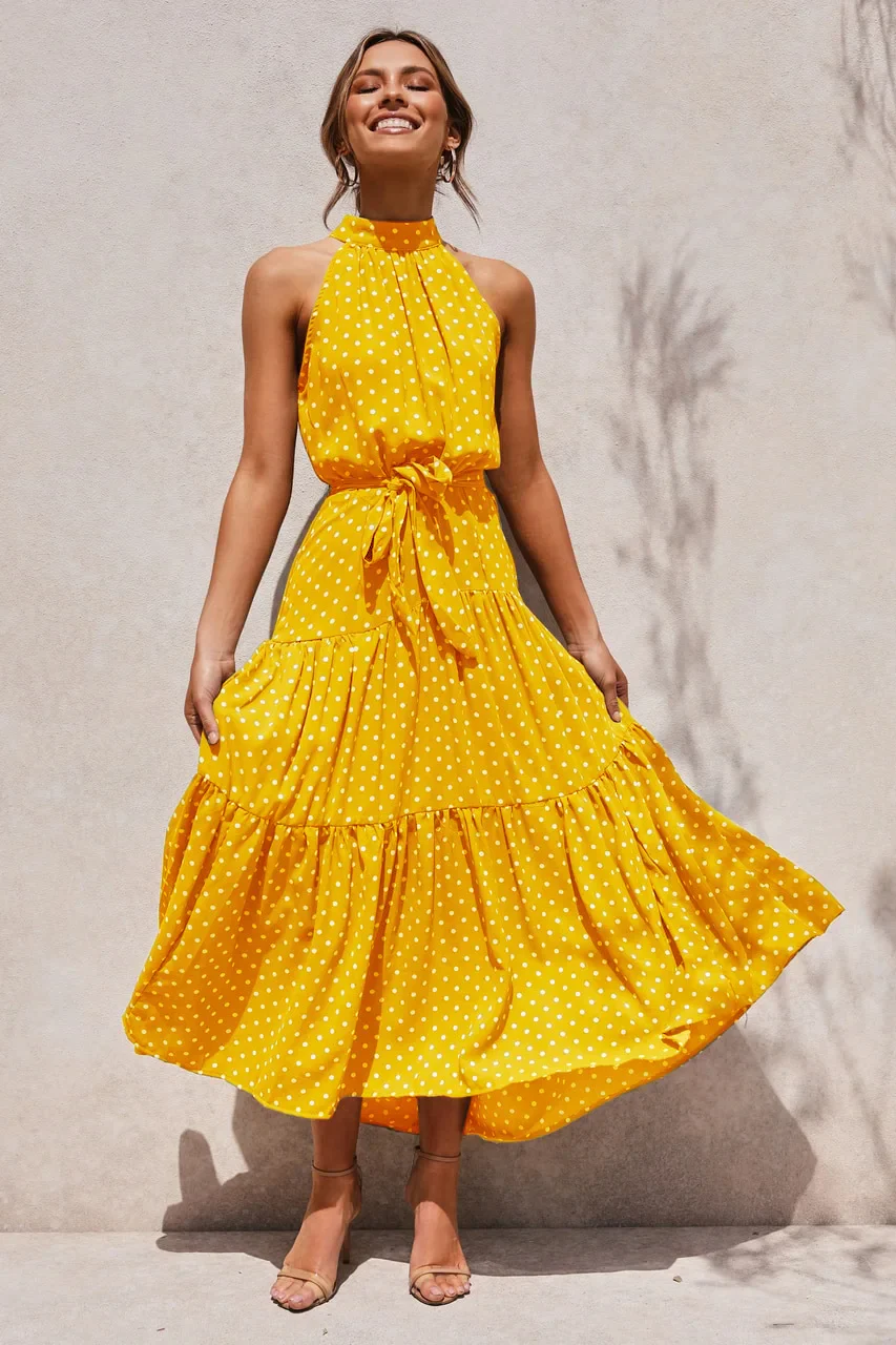 Women's Summer Printed Dress with Halter Neck and Tie Knot Belt - Image 3