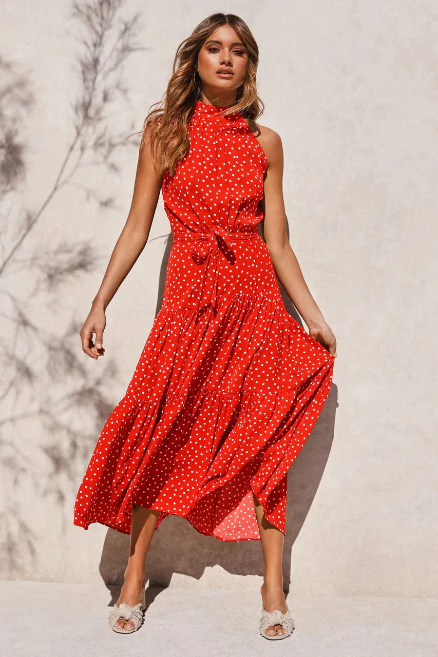 Women's Summer Printed Dress with Halter Neck and Tie Knot Belt - Image 4