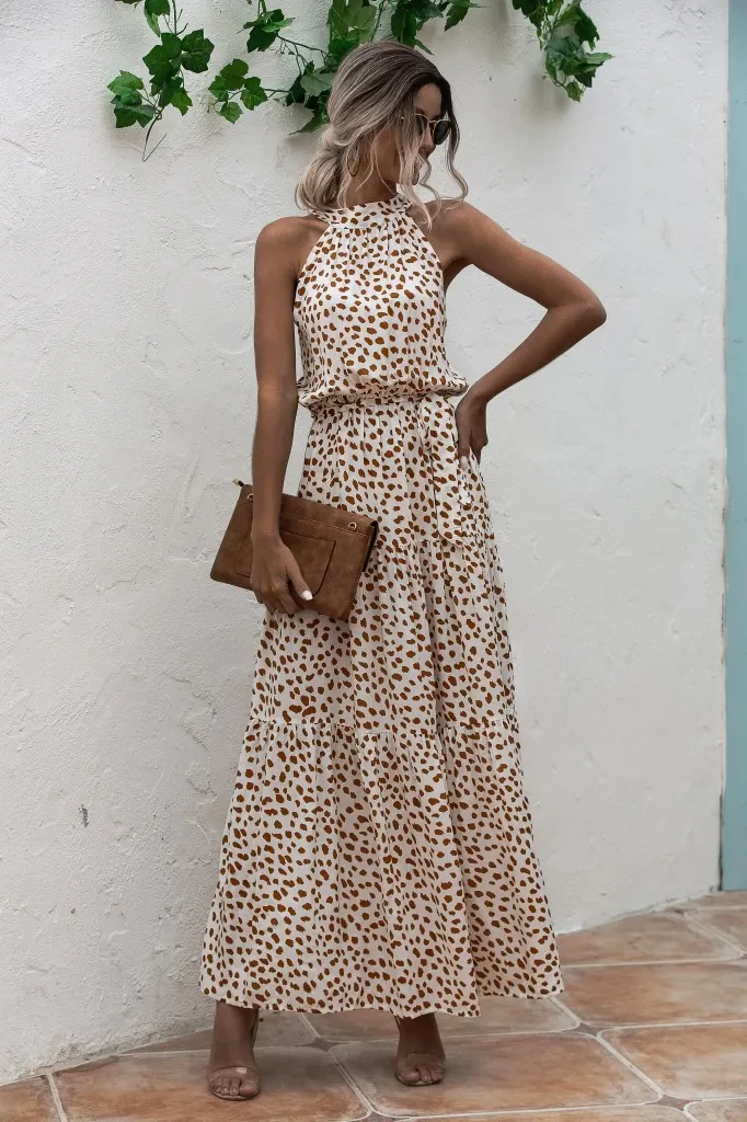 Women's Summer Printed Dress with Halter Neck and Tie Knot Belt - Image 5