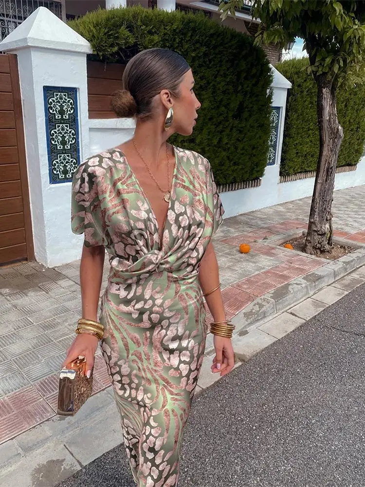 Women's Summer Printed Dress with Twisted Style and Short Sleeves - Image 4