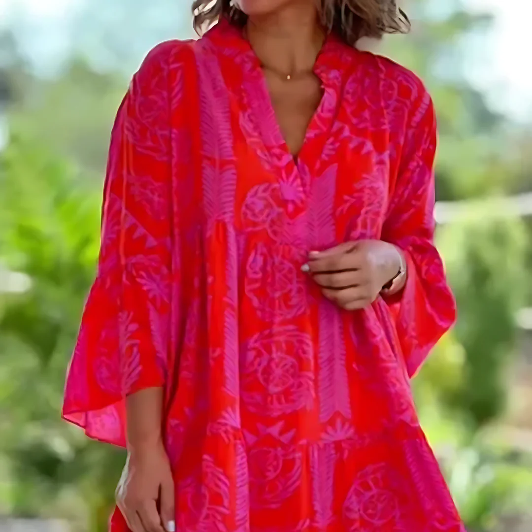 Women's Summer Printed Midi Dress with V-neck and Long Sleeve - Image 2