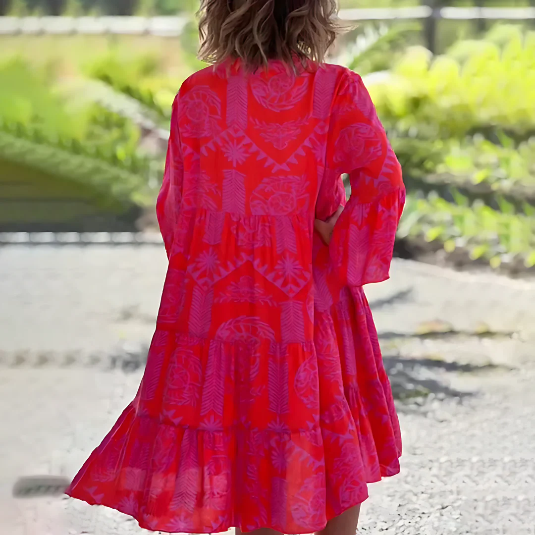 Women's Summer Printed Midi Dress with V-neck and Long Sleeve - Image 3