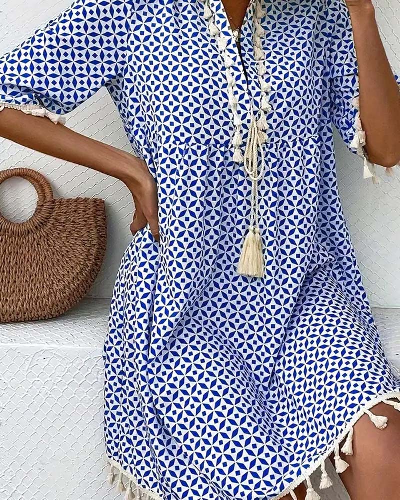Women's Summer Printed Mini Dress with Tassels and Short Sleeves - Image 2