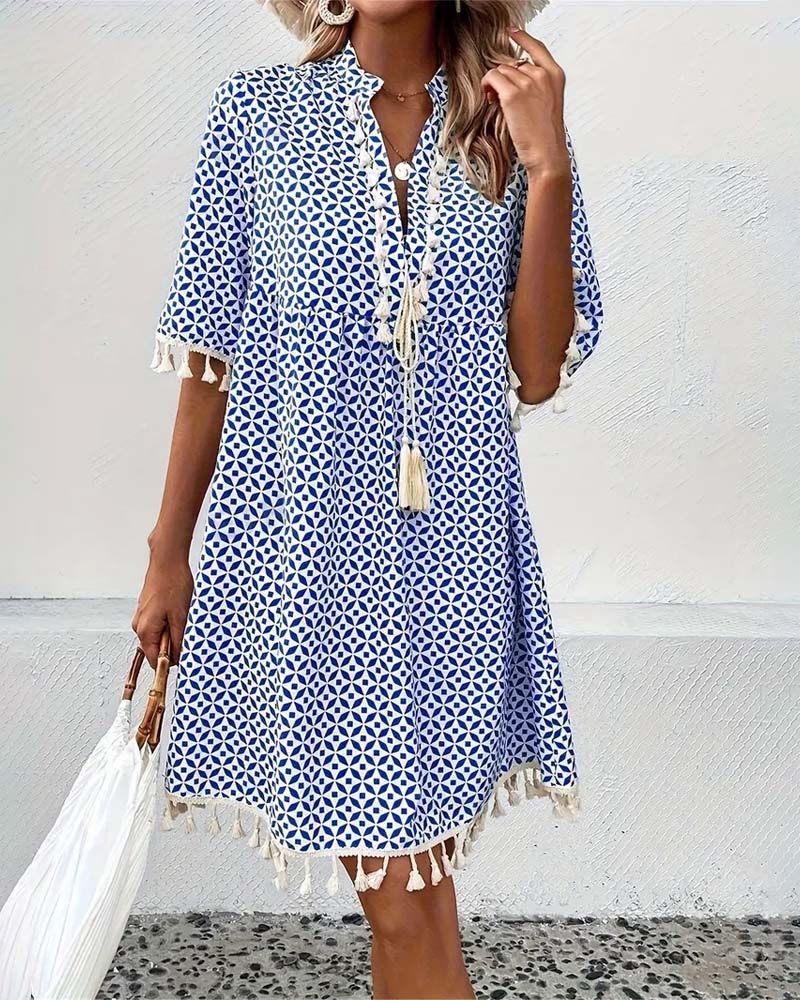 Women's Summer Printed Mini Dress with Tassels and Short Sleeves - Image 3