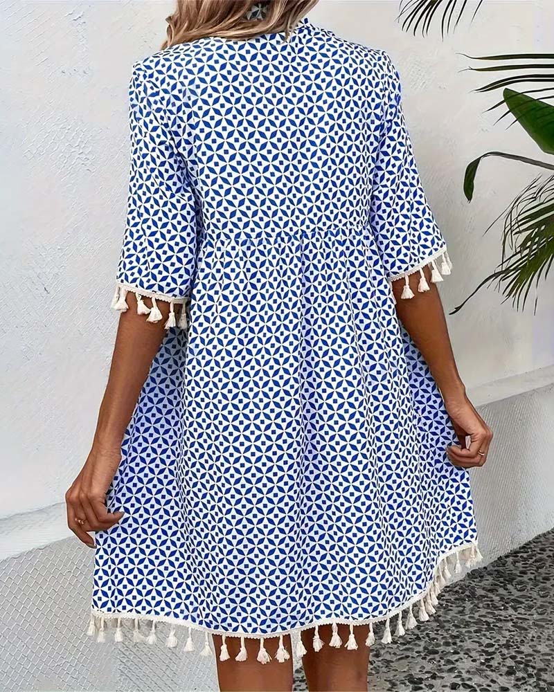 Women's Summer Printed Mini Dress with Tassels and Short Sleeves - Image 4