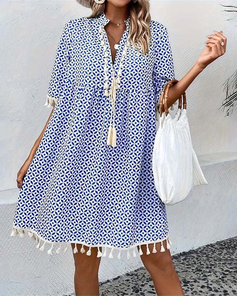 Women's Summer Printed Mini Dress with Tassels and Short Sleeves - Image 5
