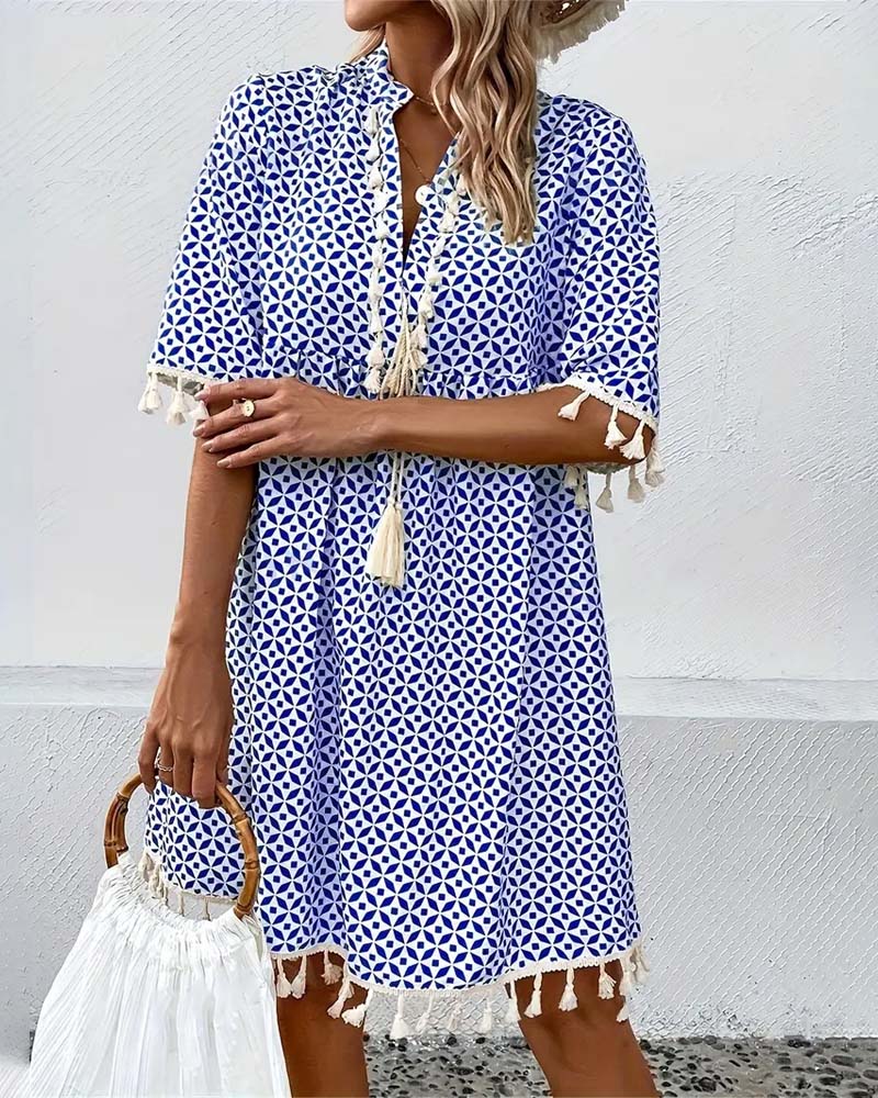 Women's Summer Printed Mini Dress with Tassels and Short Sleeves - Image 6