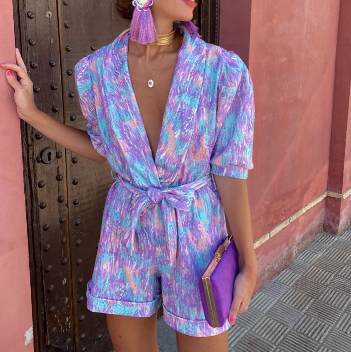 Women's Summer Printed Puff Sleeves Jumpsuit Short with Belt and V-neck - Image 3