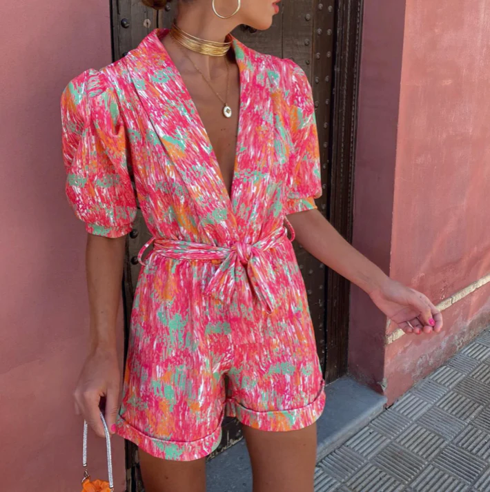 Women's Summer Printed Puff Sleeves Jumpsuit Short with Belt and V-neck - Image 4