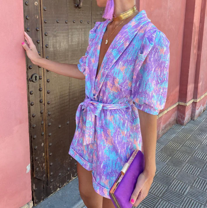 Women's Summer Printed Puff Sleeves Jumpsuit Short with Belt and V-neck - Image 5