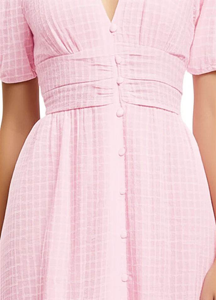 Women's Summer Puff Sleeves Dress with V-neck and Buttons - Image 8