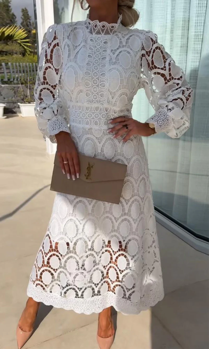 Women's Summer Puff Sleeves Formal Dress with Eyelet Style and Laces - Image 3