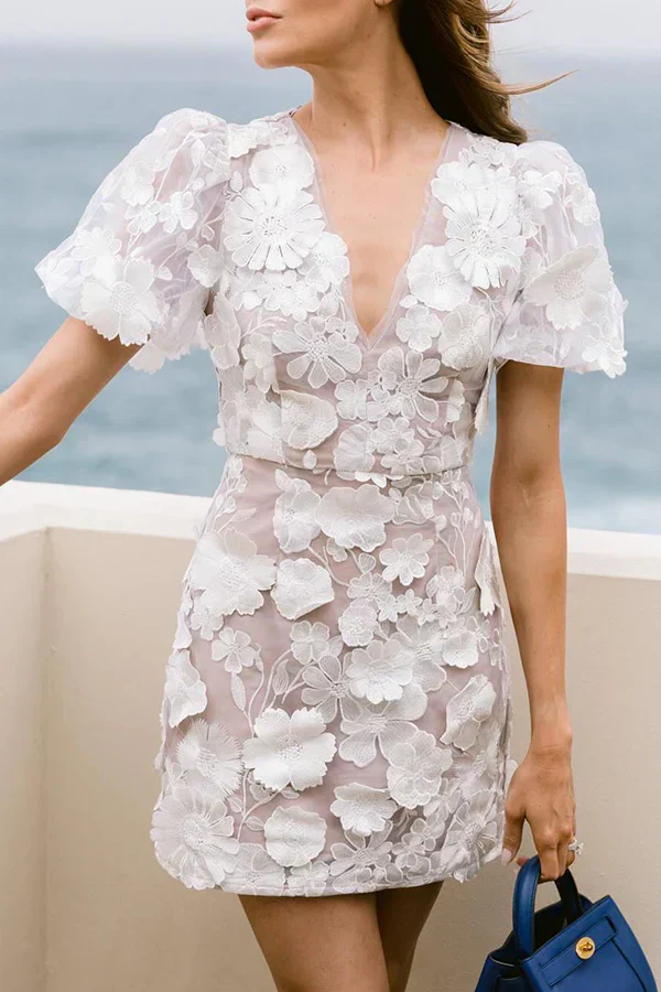 Women's Summer Puff Sleeves Mini Dress with V-neck and Floral Embroidered - Image 2