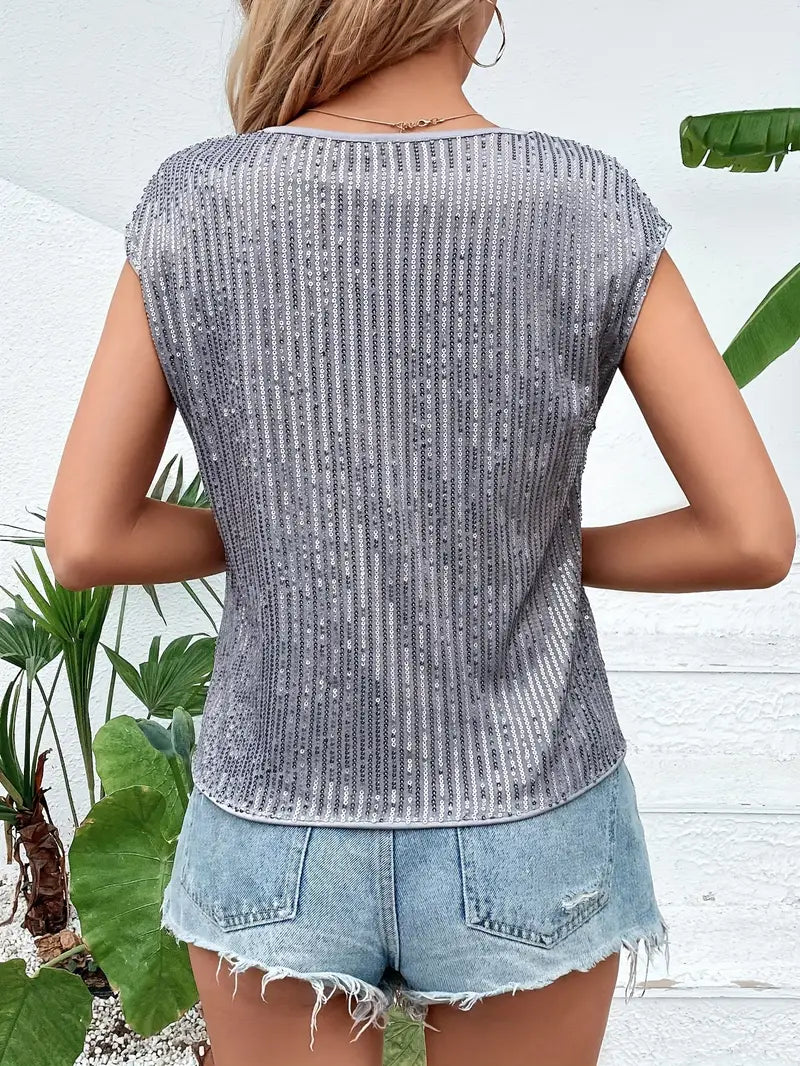 Women's Summer Sequined Blouse with Short Sleeve and Round Neckline - Image 12