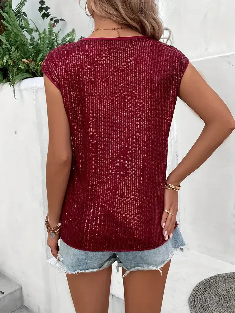 Women's Summer Sequined Blouse with Short Sleeve and Round Neckline - Image 13