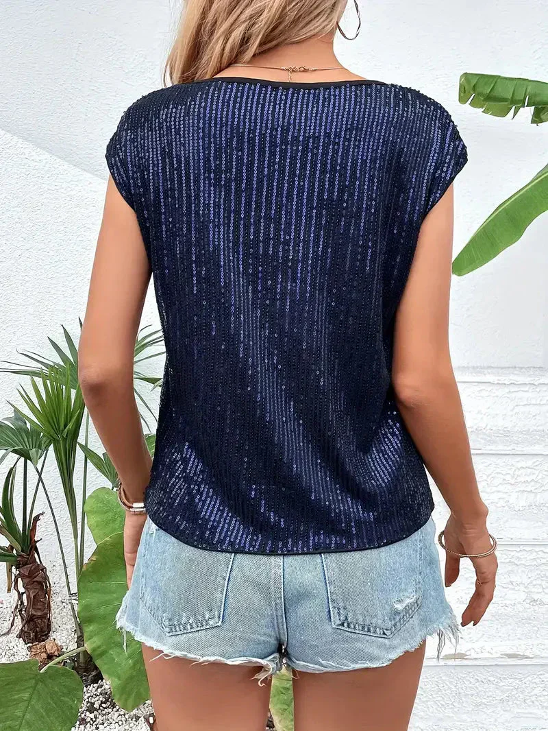 Women's Summer Sequined Blouse with Short Sleeve and Round Neckline - Image 7