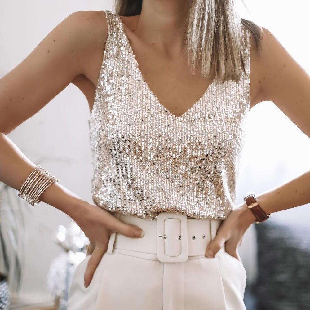 Women's Summer Sequined Blouse with Sleeveless and V-neck