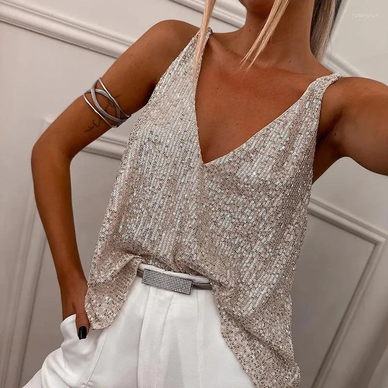 Women's Summer Sequined Blouse with Sleeveless and V-neck - Image 3