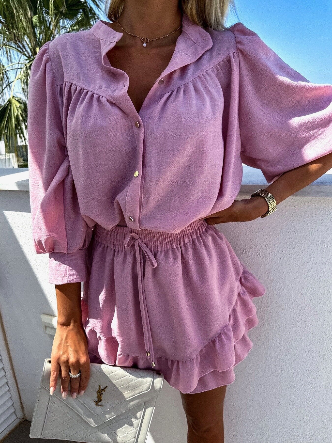 Women's Summer Set with Ruffled Mini Skirt and Puff Sleeves Blouse - Image 2