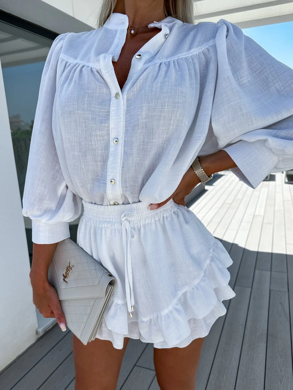 Women's Summer Set with Ruffled Mini Skirt and Puff Sleeves Blouse - Image 3