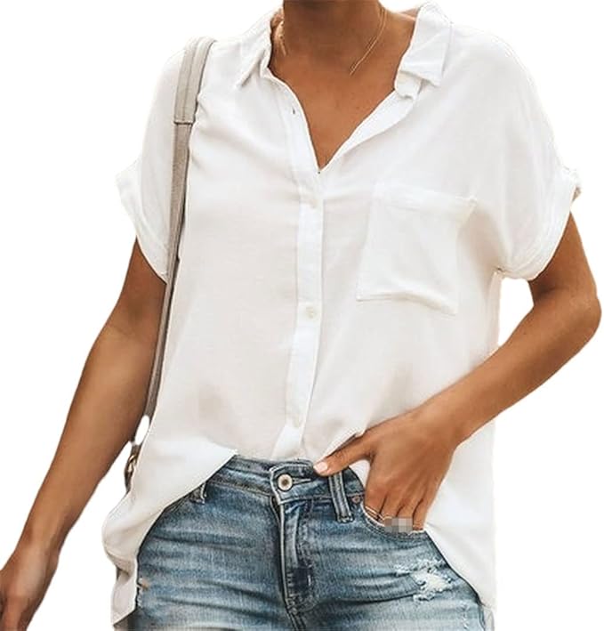 Women's Summer Short Sleeve Blouse with Buttons and Chest Pocket - Image 3