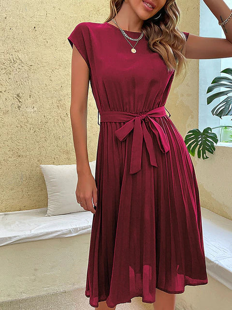 Women's Summer Short Sleeve Midi Dress with Belt and Pleated Skirt - Image 3
