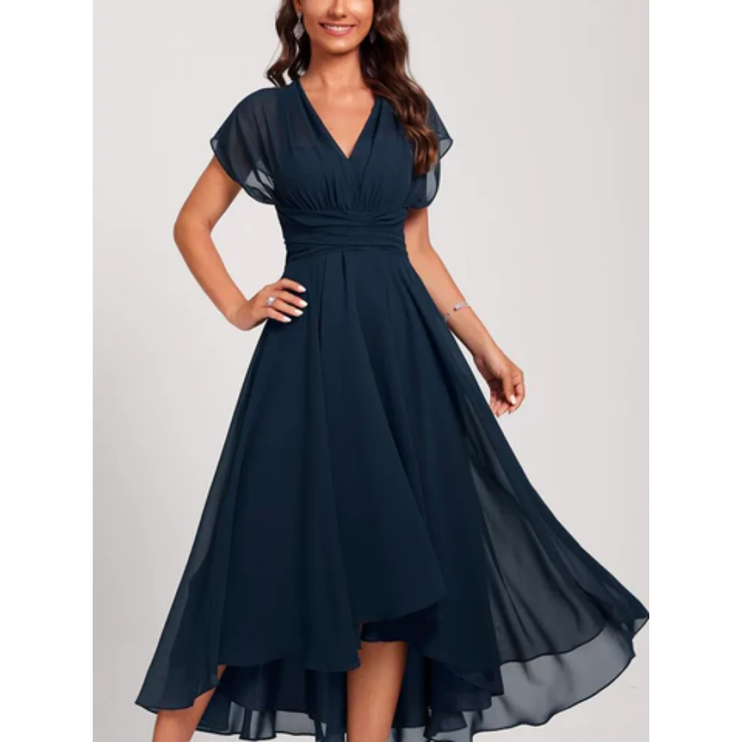 Women's Summer Short Sleeve Midi Dress with V-neck and Sheer Detail