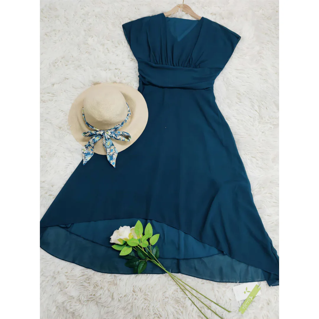 Women's Summer Short Sleeve Midi Dress with V-neck and Sheer Detail - Image 2
