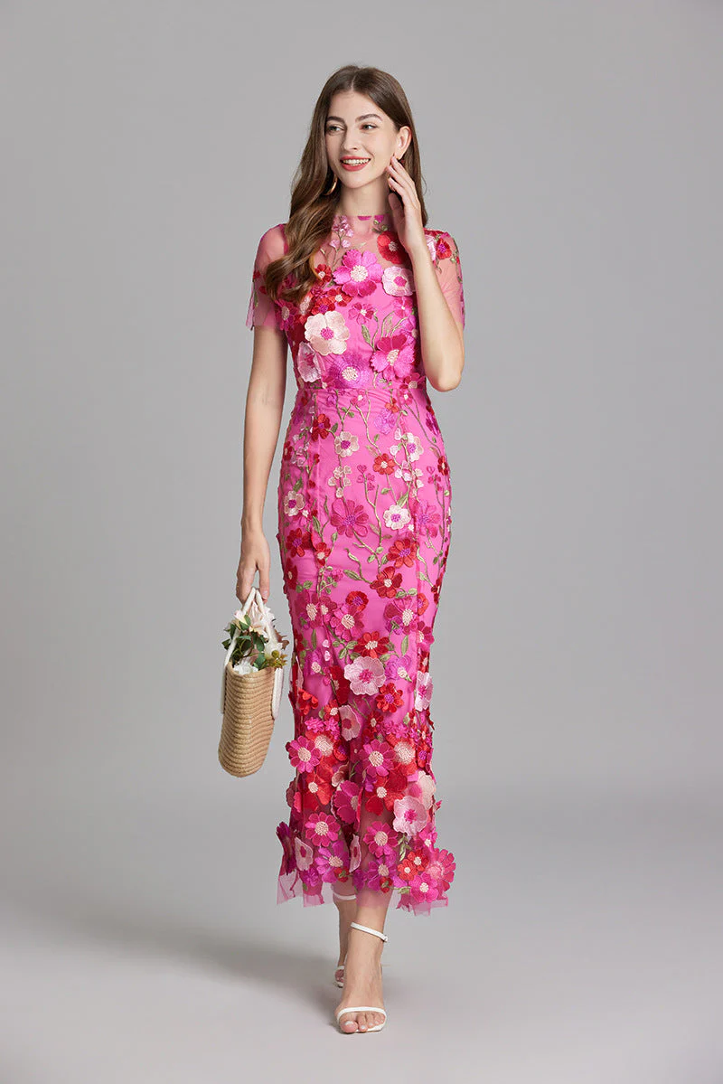 Women's Summer Short Sleeve Sheer Dress with Floral Embroidered