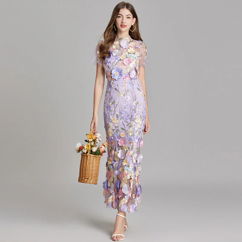 Women's Summer Short Sleeve Sheer Dress with Floral Embroidered - Image 15
