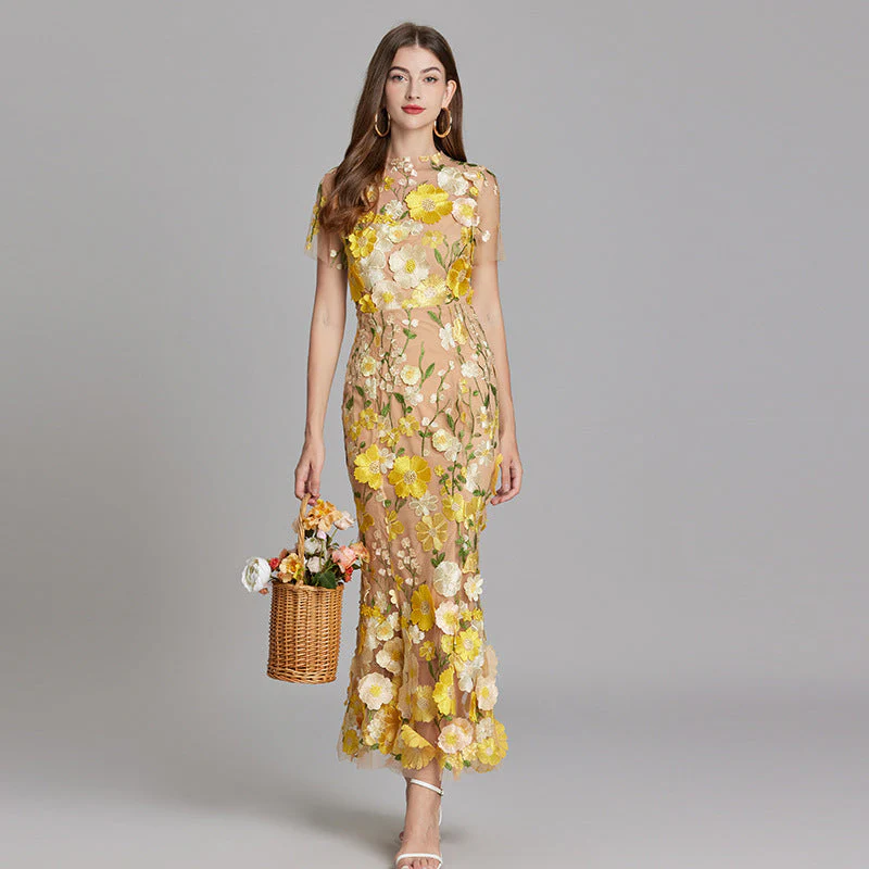Women's Summer Short Sleeve Sheer Dress with Floral Embroidered - Image 16