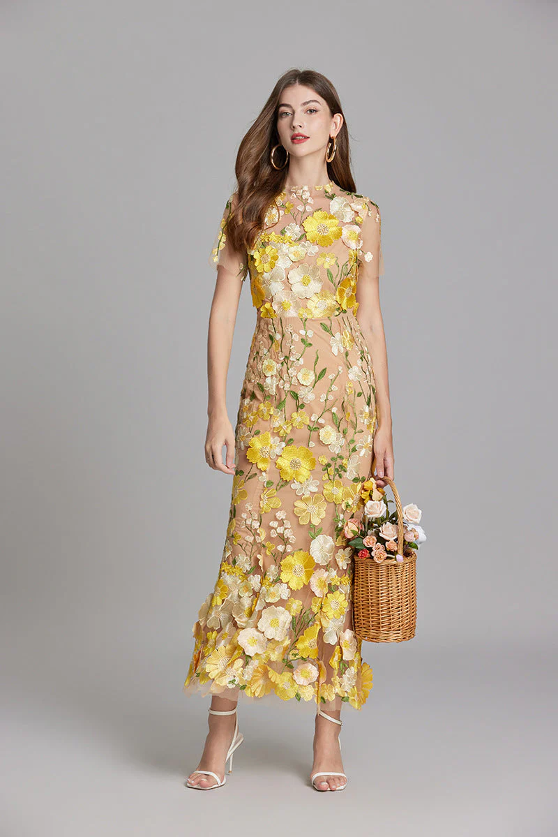 Women's Summer Short Sleeve Sheer Dress with Floral Embroidered - Image 17