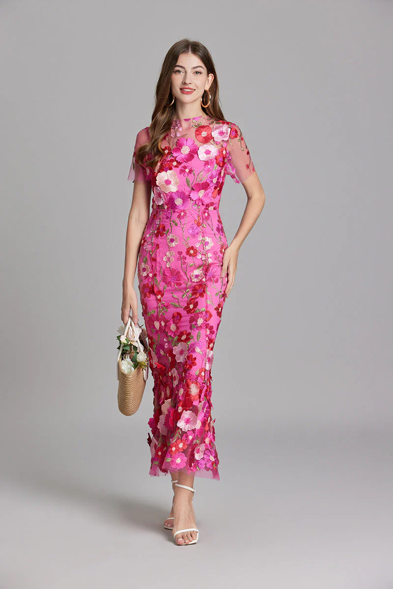 Women's Summer Short Sleeve Sheer Dress with Floral Embroidered - Image 2