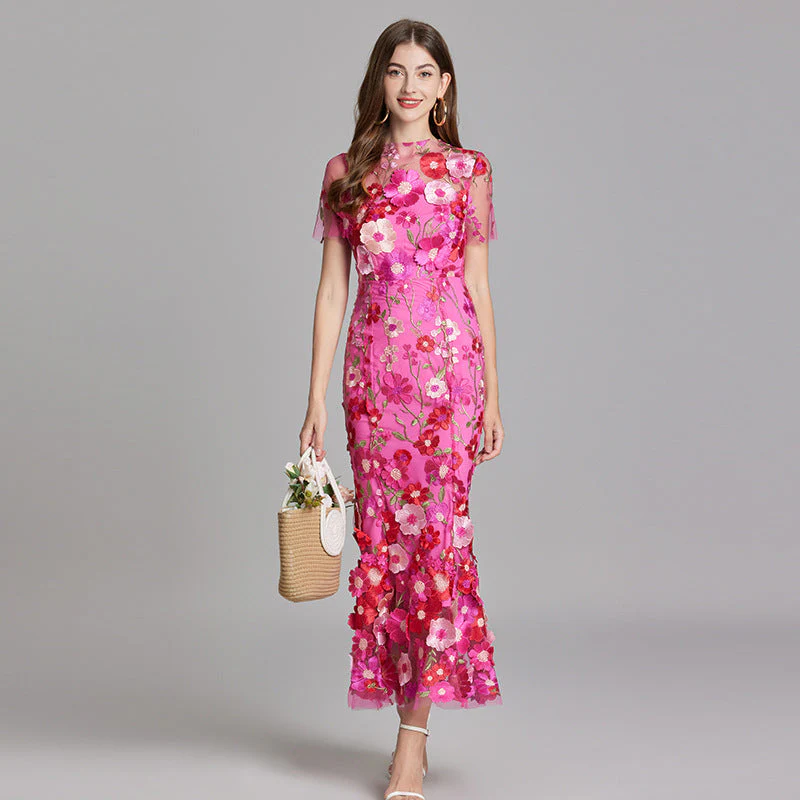 Women's Summer Short Sleeve Sheer Dress with Floral Embroidered - Image 3