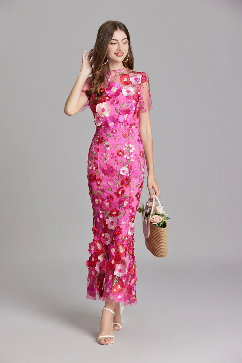 Women's Summer Short Sleeve Sheer Dress with Floral Embroidered - Image 4