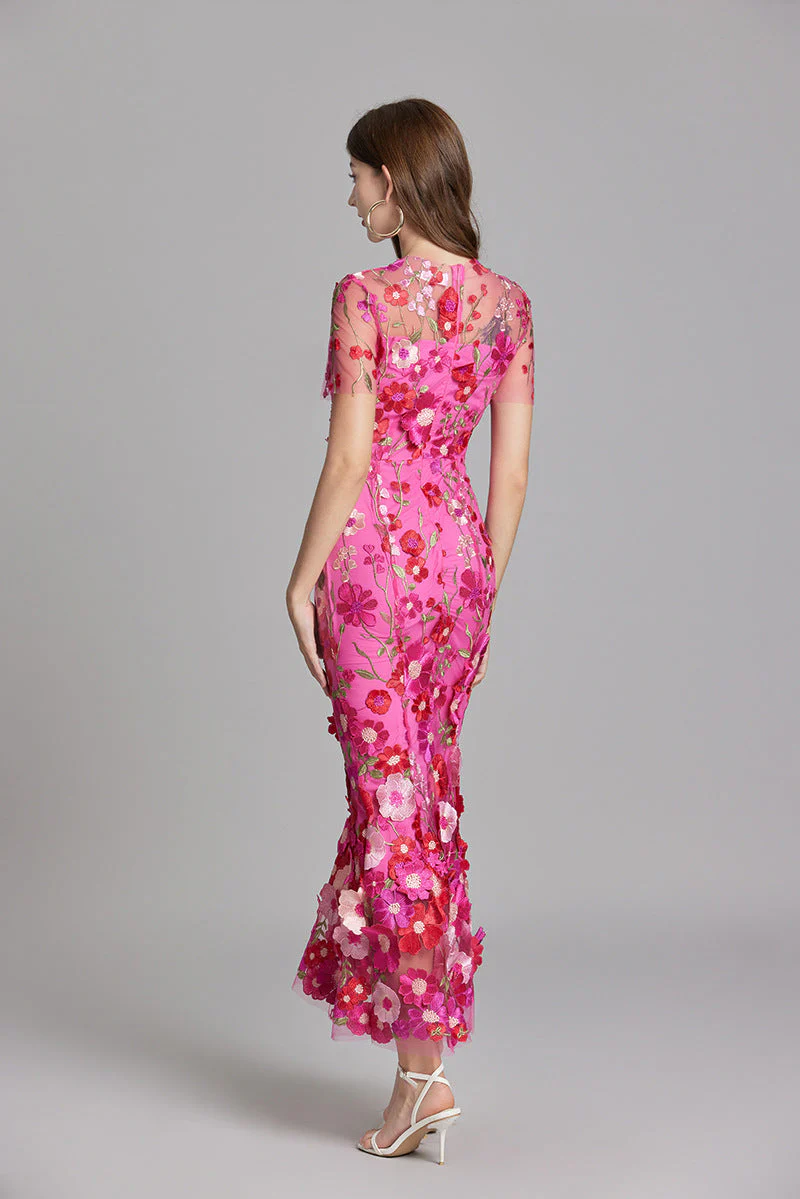 Women's Summer Short Sleeve Sheer Dress with Floral Embroidered - Image 5